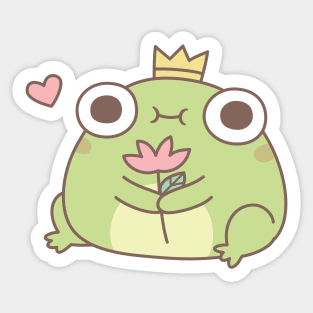 Cute Little Frog Prince Holding Flower Sticker